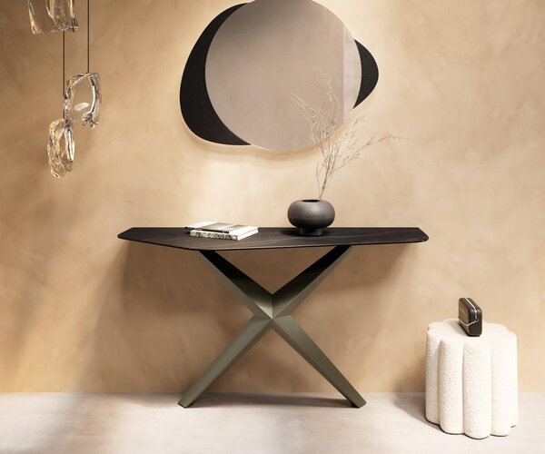 DELIFE Konzolasztal Edge poligonális 140x50 cm Laminam® kerámia Noir Desir barna Zentharo fém titán színű effekt finish