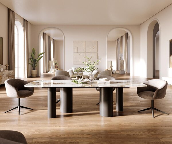 DELIFE Étkezőasztal Edge hajóformájú 260x120 cm kerámia Minas Melange fehér-bézs pilier fém fekete