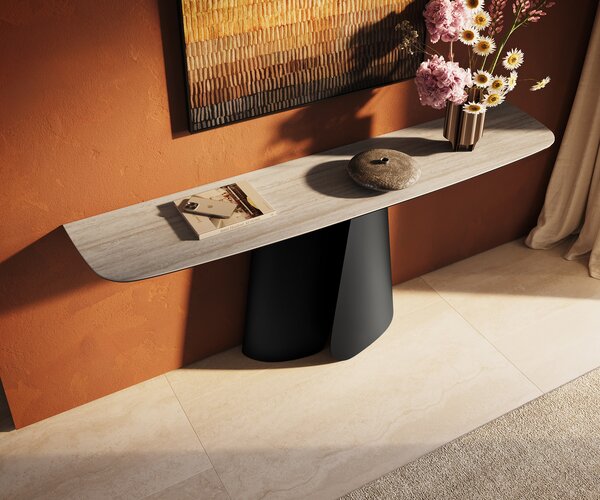 DELIFE Konzolasztal Edge hajóformájú 180x40 cm Laminam® Travertino Bianco kerámia krémfehér Livos fekete fém
