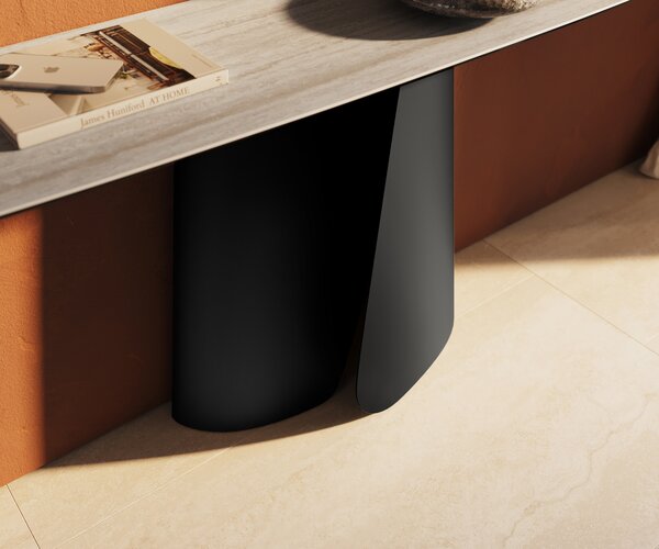 DELIFE Konzolasztal Edge hajóformájú 180x40 cm Laminam® Travertino Bianco kerámia krémfehér Livos fekete fém