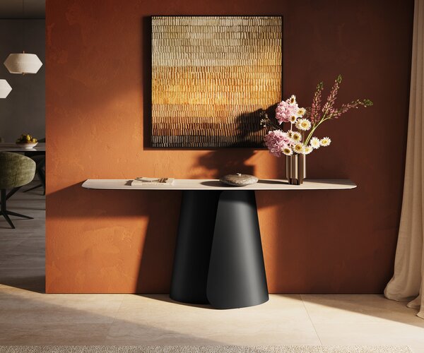 DELIFE Konzolasztal Edge hajóformájú 180x40 cm Laminam® Travertino Bianco kerámia krémfehér Livos fekete fém
