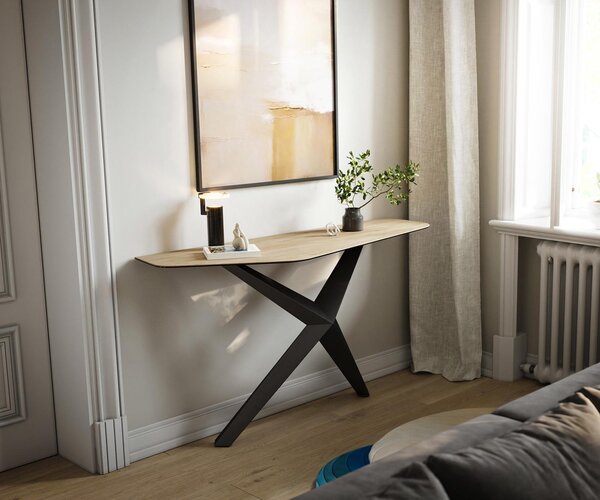 DELIFE Konzolasztal Edge poligonális 140x50 cm kerámia Laminam® Sabbia tölgyszínű Zentharo fém fekete