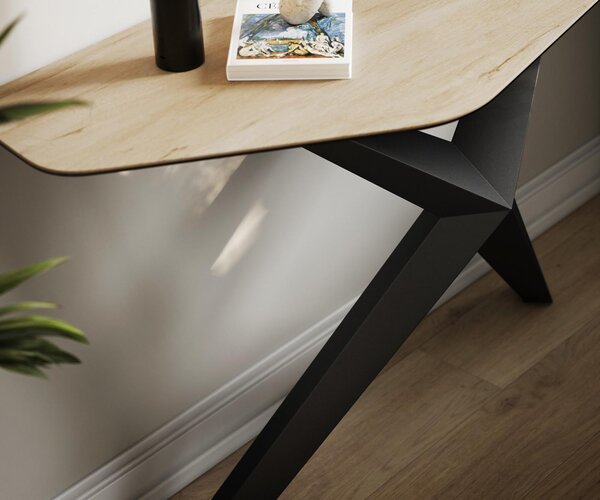 DELIFE Konzolasztal Edge poligonális 140x50 cm kerámia Laminam® Sabbia tölgyszínű Zentharo fém fekete