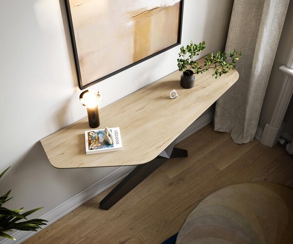 DELIFE Konzolasztal Edge poligonális 140x50 cm kerámia Laminam® Sabbia tölgyszínű Zentharo fém fekete