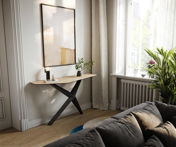 DELIFE Konzolasztal Edge poligonális 140x50 cm kerámia Laminam® Sabbia tölgyszínű Zentharo fém fekete