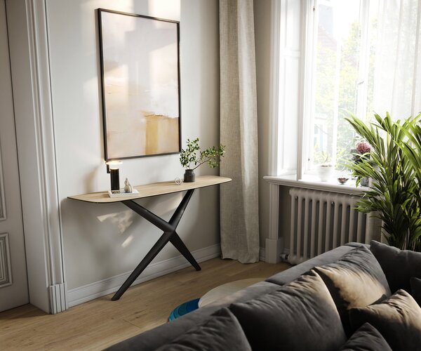 DELIFE Konzolasztal Edge hajóformájú 140x40 cm Laminam® Sabbia kerámia tölgyszínű Estelo fém fekete