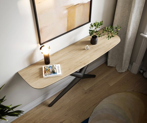 DELIFE Konzolasztal Edge hajóformájú 140x40 cm Laminam® Sabbia kerámia tölgyszínű Estelo fém fekete