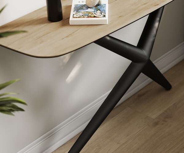 DELIFE Konzolasztal Edge hajóformájú 140x40 cm Laminam® Sabbia kerámia tölgyszínű Estelo fém fekete