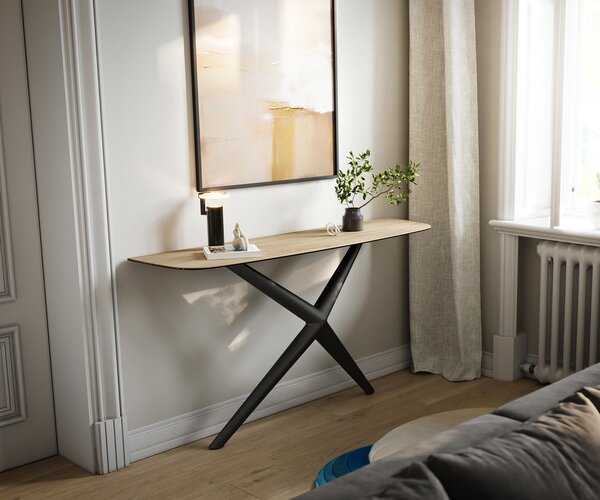 DELIFE Konzolasztal Edge hajóformájú 140x40 cm Laminam® Sabbia kerámia tölgyszínű Estelo fém fekete