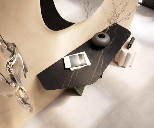 DELIFE Konzolasztal Edge poligonális 140x50 cm Laminam® kerámia Noir Desir barna Spios fém titán színű hatású