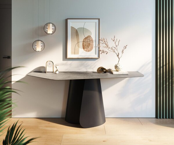 DELIFE Konzolasztal Edge poligonális 180x50 cm kerámia beton szürke Livos fém fekete