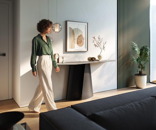 DELIFE Konzolasztal Edge poligonális 180x50 cm kerámia beton szürke Livos fém fekete