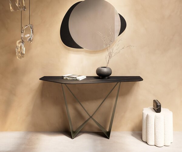 DELIFE Konzolasztal Edge poligonális 140x50 cm Laminam® kerámia Noir Desir barna Spios fém titán színű hatású