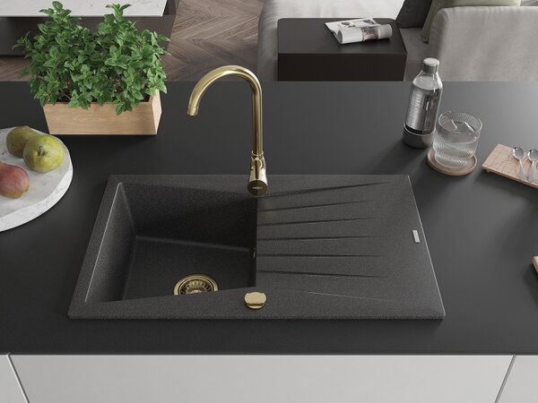 Mexen Cesar, gránit mosogató 775x470x190 mm, 1 kamrás, fekete foltos arany szifonnal, 6514771010-76-G