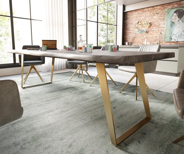 DELIFE Étkezőasztal Edge 260x100 XL akác platina rozsdamentes acél arany ferde Live-Edge