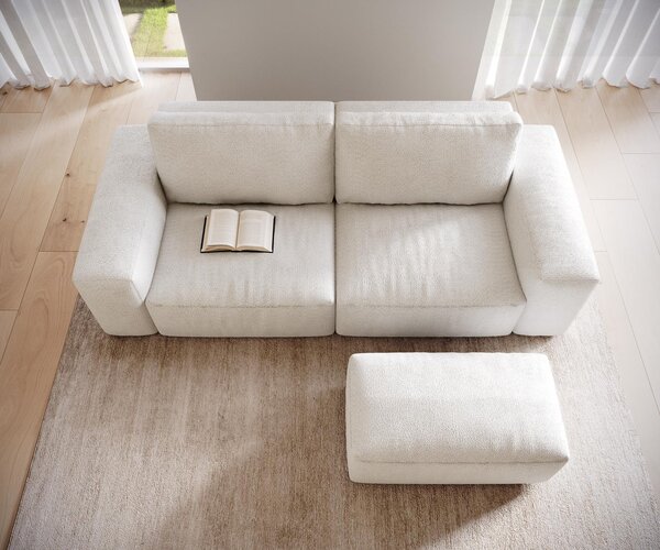 DELIFE Nagy kanapé Lanzo 230x95 cm bouclé krémfehér puffal