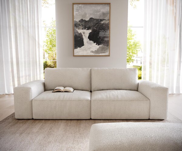 DELIFE Nagy kanapé Lanzo 230x95 cm bouclé krémfehér puffal