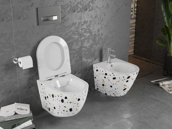 Mexen Lena, Perem nélküli fali WC csésze duroplasztikus ülőkével, lassan záródó, fehér-terrazzo mintával, 30224096