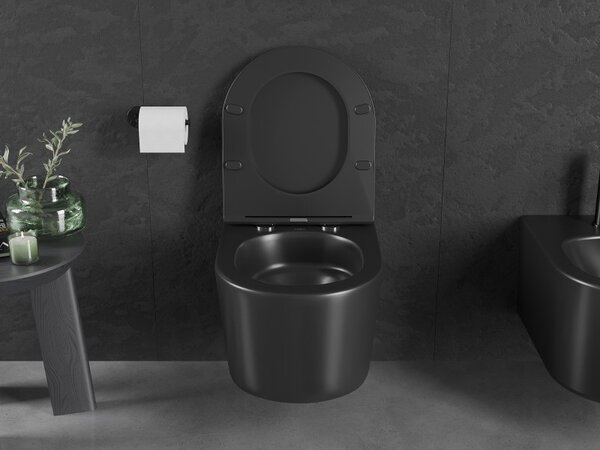 Mexen Sofia, falra akasztható WC csésze 490x360x355 mm, Perem nélküli Tornado, matt fekete, 3354XX85T