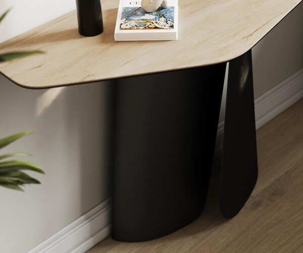 DELIFE Konzolasztal Edge poligonális 140x50 cm Laminam® Sabbia kerámia tölgyszínű Livos fekete fém