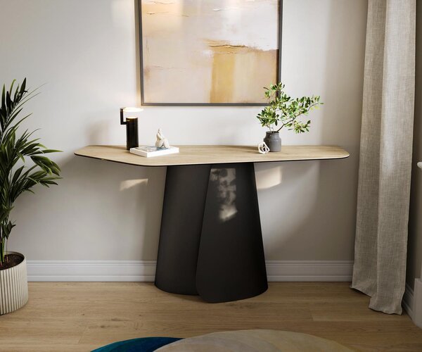 DELIFE Konzolasztal Edge poligonális 140x50 cm Laminam® Sabbia kerámia tölgyszínű Livos fekete fém
