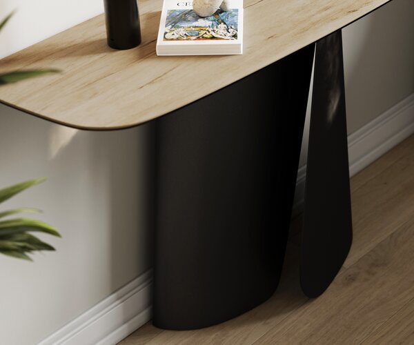 DELIFE Konzolasztal Edge hajóformájú 140x40 cm kerámia Laminam® Sabbia tölgyszínű Livos fém fekete