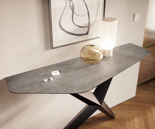 DELIFE Konzolasztal Edge poligonális 140x50 cm kerámia beton szürke Zentharo fém fekete