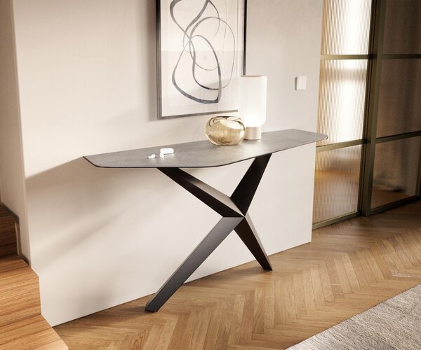 DELIFE Konzolasztal Edge poligonális 140x50 cm kerámia beton szürke Zentharo fém fekete