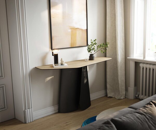 DELIFE Konzolasztal Edge poligonális 140x50 cm Laminam® Sabbia kerámia tölgyszínű Livos fekete fém