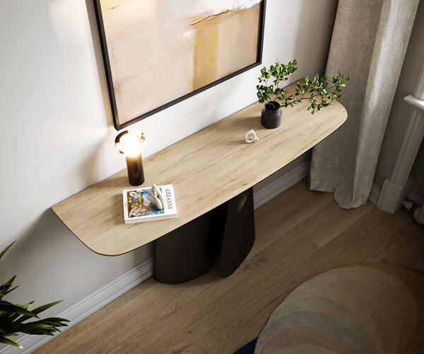 DELIFE Konzolasztal Edge hajóformájú 140x40 cm kerámia Laminam® Sabbia tölgyszínű Livos fém fekete