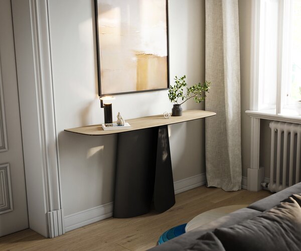 DELIFE Konzolasztal Edge hajóformájú 140x40 cm kerámia Laminam® Sabbia tölgyszínű Livos fém fekete