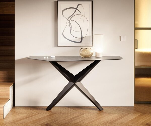 DELIFE Konzolasztal Edge poligonális 140x50 cm kerámia beton szürke Zentharo fém fekete