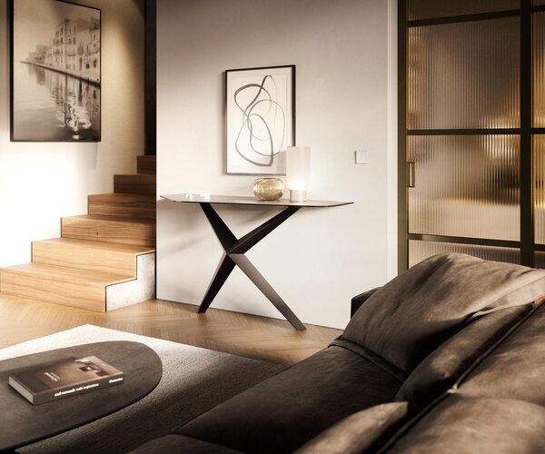 DELIFE Konzolasztal Edge poligonális 140x50 cm kerámia beton szürke Zentharo fém fekete