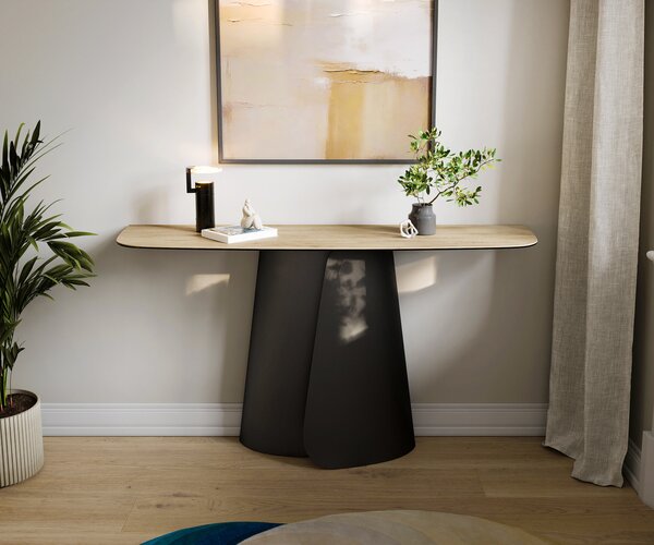 DELIFE Konzolasztal Edge hajóformájú 140x40 cm kerámia Laminam® Sabbia tölgyszínű Livos fém fekete