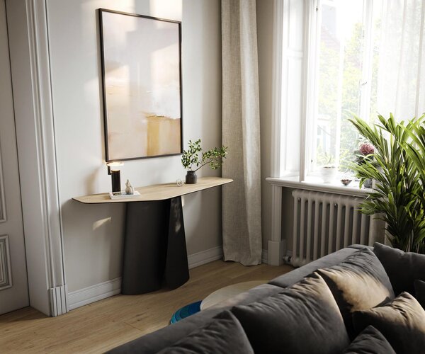 DELIFE Konzolasztal Edge poligonális 140x50 cm Laminam® Sabbia kerámia tölgyszínű Livos fekete fém