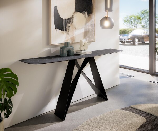 DELIFE Konzolasztal Edge hajóformájú 180x40 cm Laminam® Nero Greco antracit Velio fém fekete