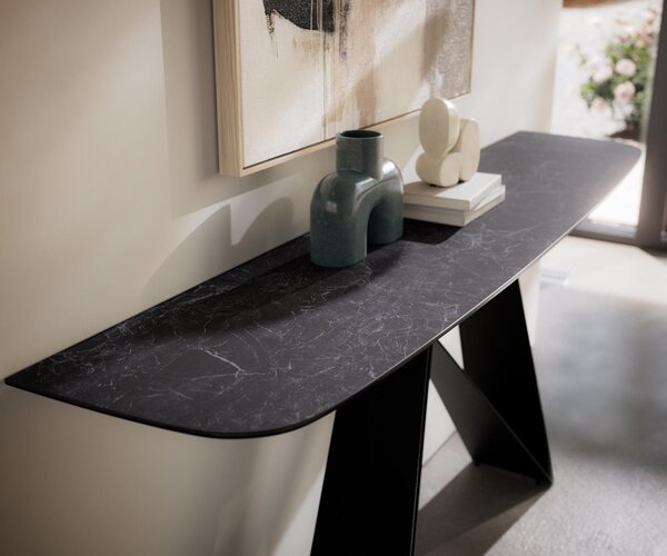 DELIFE Konzolasztal Edge hajóformájú 180x40 cm Laminam® Nero Greco antracit Velio fém fekete
