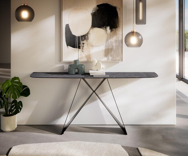 DELIFE Konzolasztal Edge hajóformájú 180x40 cm Laminam® Nero Greco antracit Velio fém fekete