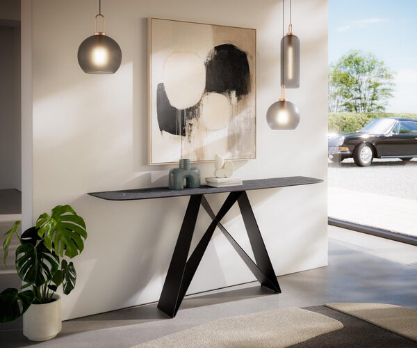 DELIFE Konzolasztal Edge hajóformájú 180x40 cm Laminam® Nero Greco antracit Velio fém fekete