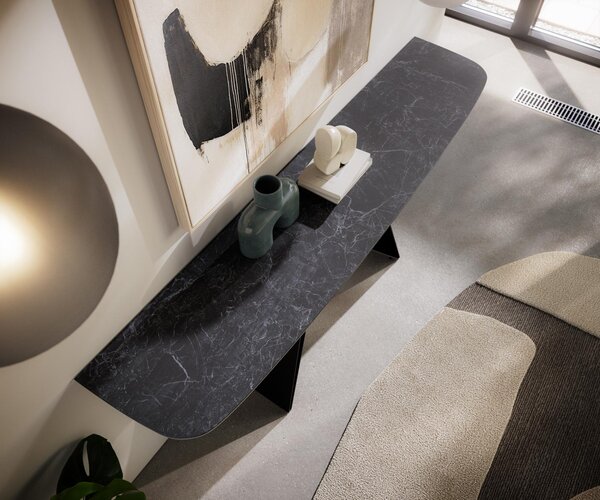 DELIFE Konzolasztal Edge hajóformájú 180x40 cm Laminam® Nero Greco antracit Velio fém fekete