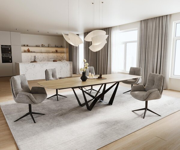 DELIFE Étkezőasztal Edge hajóformájú 200-300x120 cm Laminam® Sabbia kerámia tölgyszínű Spider laposacél fekete kihúzható