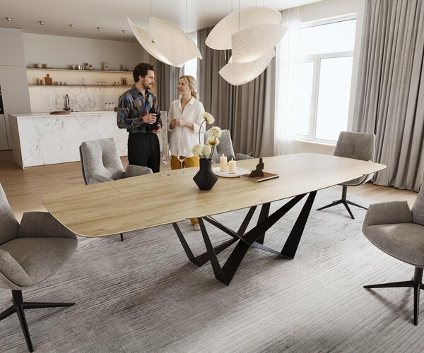 DELIFE Étkezőasztal Edge hajóformájú 200-300x120 cm Laminam® Sabbia kerámia tölgyszínű Spider laposacél fekete kihúzható