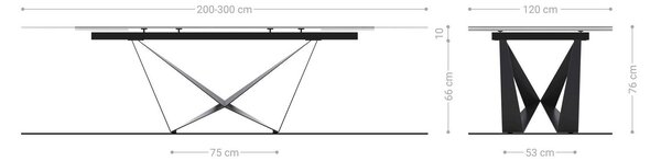 DELIFE Étkezőasztal Edge hajóformájú 200-300x120 cm Laminam® Sabbia kerámia tölgyszínű Spider laposacél rozsdamentes acél grafit kihúzható
