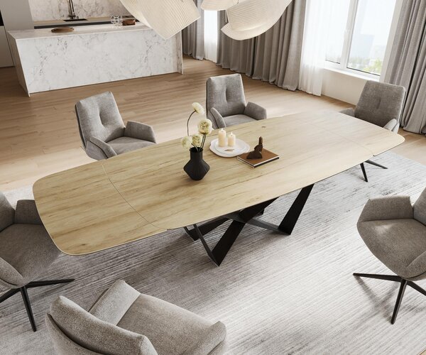 DELIFE Étkezőasztal Edge hajóformájú 200-300x120 cm Laminam® Sabbia kerámia tölgyszínű Spider laposacél fekete kihúzható