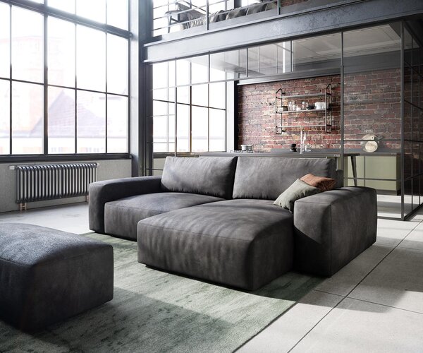 DELIFE Sarokkanapé Lanzo 230x155 cm bőr imitáció vintage antracit variálható rekamié puffal