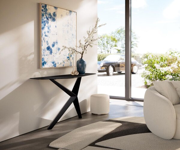DELIFE Konzolasztal Edge poligonális 140x50 cm Laminam® Nero Greco antracit Zentharo fém fekete