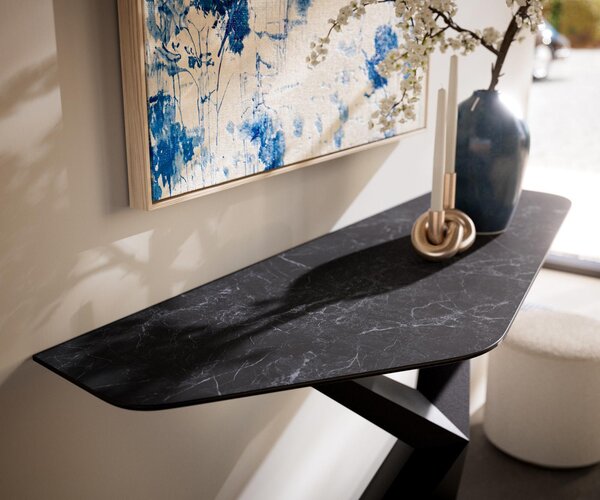 DELIFE Konzolasztal Edge poligonális 140x50 cm Laminam® Nero Greco antracit Zentharo fém fekete