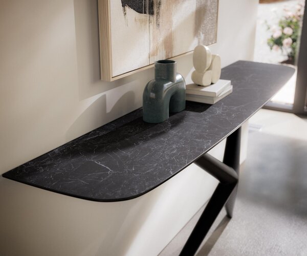 DELIFE Konzolasztal Edge hajóformájú 180x40 cm Laminam® Nero Greco antracit Estelo fém fekete