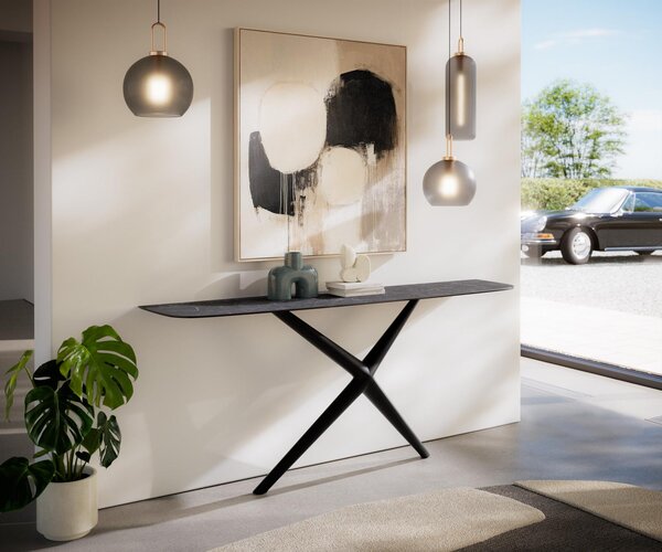 DELIFE Konzolasztal Edge hajóformájú 180x40 cm Laminam® Nero Greco antracit Estelo fém fekete