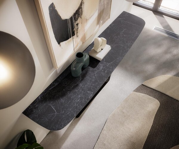 DELIFE Konzolasztal Edge hajóformájú 180x40 cm Laminam® Nero Greco antracit Estelo fém fekete